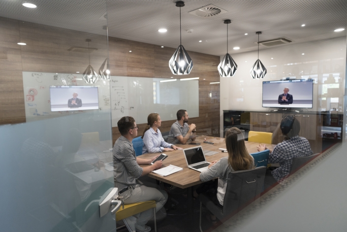 Start,Up,Business,People,Group,Attending,Videoconference,Call,With,Senior
