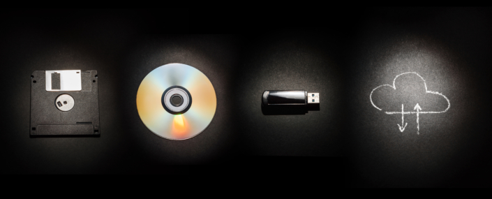 Photo of floppy disk to a CD to a thumb drive to video cloud storage4